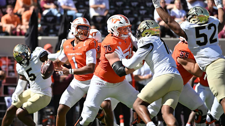 Oct 4, 2025; Blacksburg, Virginia, USA; Virginia Tech Hokies quarterback Kyron Drones (1) looks to pass as offensive lineman Aidan Lynch (76) blocks during the first quarter against the Wake Forest Demon Deacons at Lane Stadium. Mandatory Credit: Brian Bishop-Imagn Images Oct 4, 2025; Blacksburg, Virginia, USA; Virginia Tech Hokies quarterback Kyron Drones (1) looks to pass as offensive lineman Aidan Lynch (76) blocks during the first quarter against the Wake Forest Demon Deacons at Lane Stadium. Mandatory Credit: Brian Bishop-Imagn Images