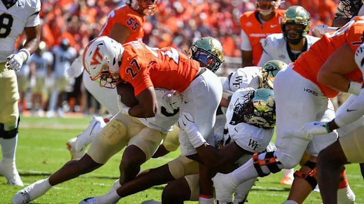 Oct 4, 2025; Blacksburg, Va.; Virginia Tech running back Marcellous Hawkins (27) runs for a touchdown against Wake Forest.