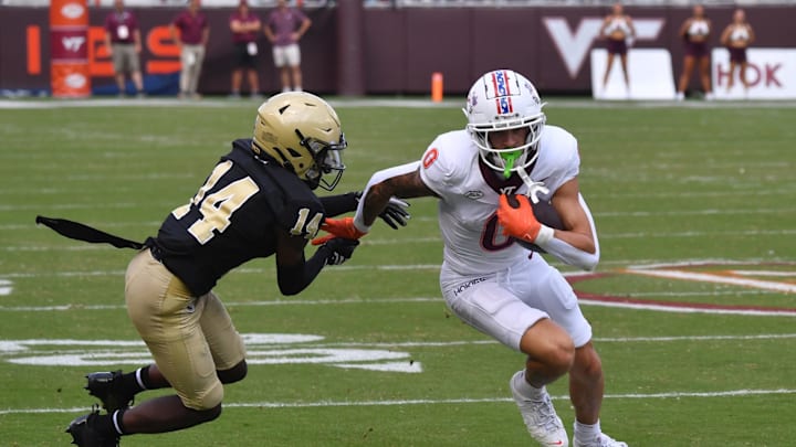 Sep 20, 2025; Blacksburg, Va.;  Virginia Tech wide receiver Ayden Greene (0) runs after a catch.