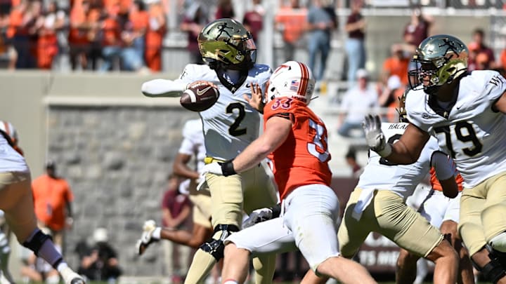 Oct 4, 2025; Blacksburg, Virginia, USA; Wake Forest Demon Deacons quarterback Robby Ashford (2) looks to pass as Virginia Tech Hokies defensive lineman Ben Bell (33) pressures during the third quarter at Lane Stadium. Mandatory Credit: Brian Bishop-Imagn Images Oct 4, 2025; Blacksburg, Virginia, USA; Wake Forest Demon Deacons quarterback Robby Ashford (2) looks to pass as Virginia Tech Hokies defensive lineman Ben Bell (33) pressures during the third quarter at Lane Stadium. Mandatory Credit: Brian Bishop-Imagn Images