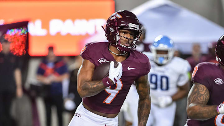 Sep 13, 2025; Blacksburg, Va.; Virginia Tech wide receiver Cameron Seldon (9) runs the ball.