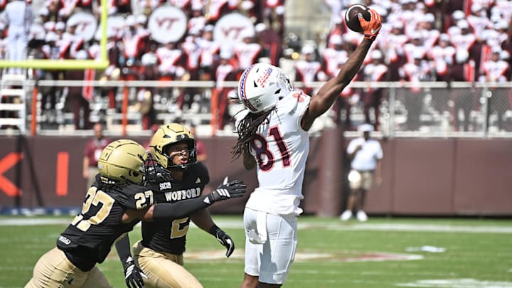 Sep 20, 2025; Blacksburg, Va.; Virginia Tech wide receiver Devin Alves (81) catches a pass against Wofford.