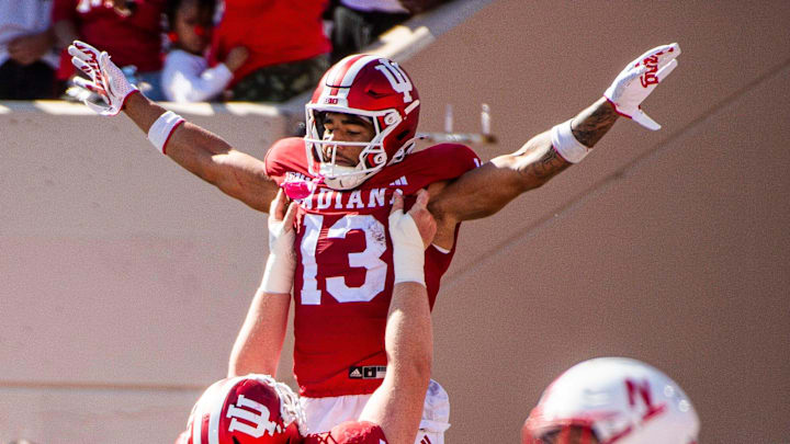 Indiana's Elijah Sarratt celebrates his touchdown with during the Indiana-Nebraska football game Saturday, Oct. 19, 2024.