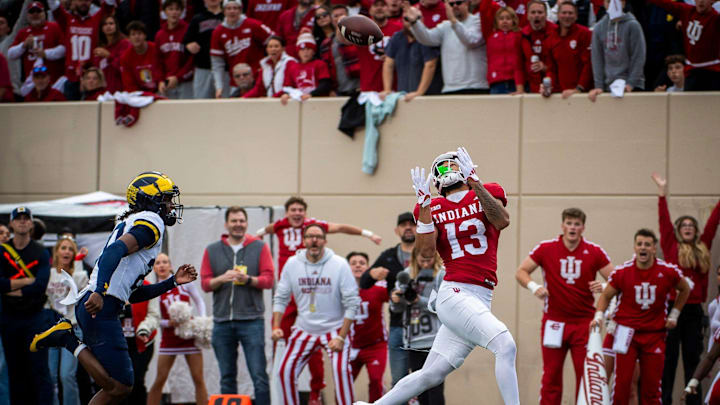 Indiana's Elijah Sarratt catches a touchdown pass against Michigan on Nov. 9, 2024.