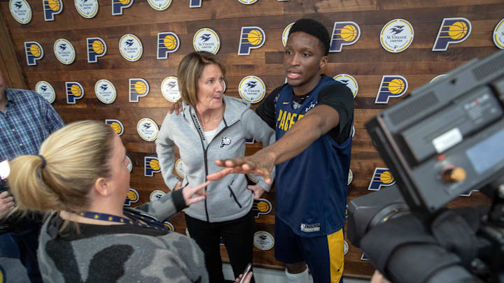 Dec. 17, 2018; Indiana Pacers guard Victor Oladipo jokes with media during a media interview with new Pacers assistant general manager Kelly Krauskopf at the St. Vincent Center. Mandatory Credit: Mykal McEldowney/IndyStar via USA TODAY NETWORK