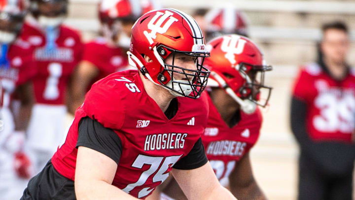 Indiana's Trey Wedig (75) during practice at Memorial Stadium on Tuesday, March 26, 2024. Indiana's Trey Wedig (75) during practice at Memorial Stadium on Tuesday, March 26, 2024.
