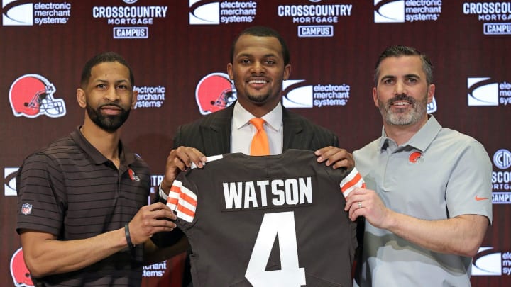 Cleveland Browns quarterback Deshaun Watson, center, poses for a portrait with general manager Andrew Berry, left, and head coach Kevin Stefanski during Watson's introductory press conference at the Cleveland Browns Training Facility on Friday.

Watsonpress 11

Syndication Akron Beacon Journal