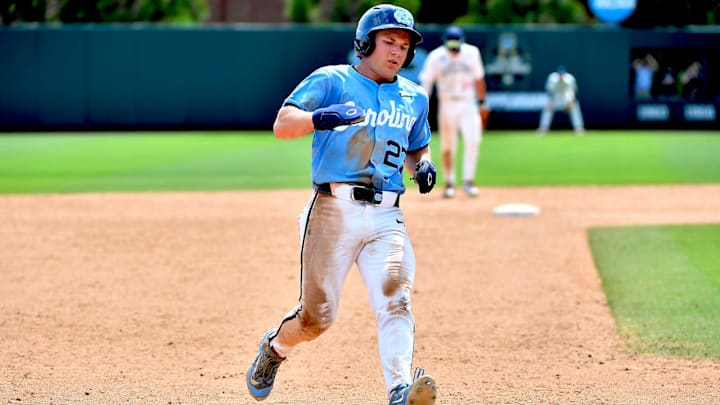North Carolina's Kane Kepley (27) safely steals third base against Arizona late in the game. The North Carolina Tarheels and the Arizona Wildcats met in game two of the NCAA Division 1 Super Regionals in Chapel Hill, N.C. on June 7, 2025.