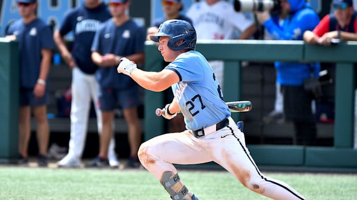 North Carolina's Kane Kepley prepares to run to first base after getting a hit against Arizona late in the game. The North Carolina Tarheels and the Arizona Wildcats met in game two of the NCAA Division 1 Super Regionals in Chapel Hill, N.C. on June 7, 2025.
