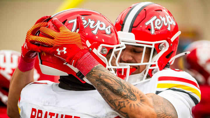 Maryland's Kaden Prather (1) and Preston Howard (85) celebrate Prather's touchdown during the Indiana versus Maryland football game at Memorial Stadium. 