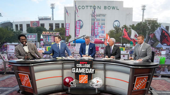 The Hosts of College Gameday during their show early morning before the NCAA college football game between Texas Longhorns Oklahoma Sooners at the Cotton Bowl on Saturday, Oct. 7, 2023 in Dallas, Texas. This game makes up the119th rivalry match up.