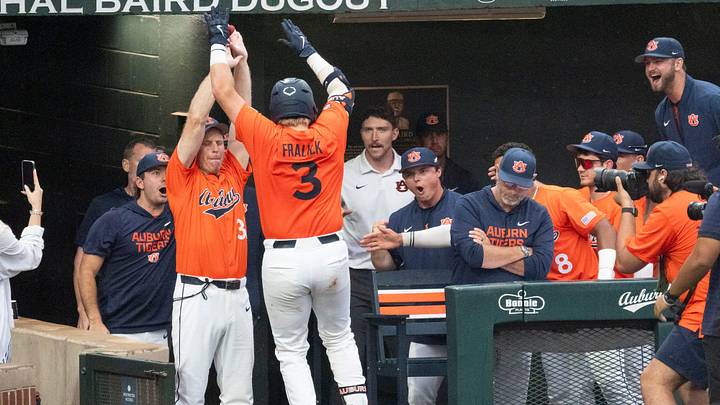Auburn catcher Chase Fralick (3) hit two home runs in the Tigers' win over UCF in the NCAA Tournament on Sunday.