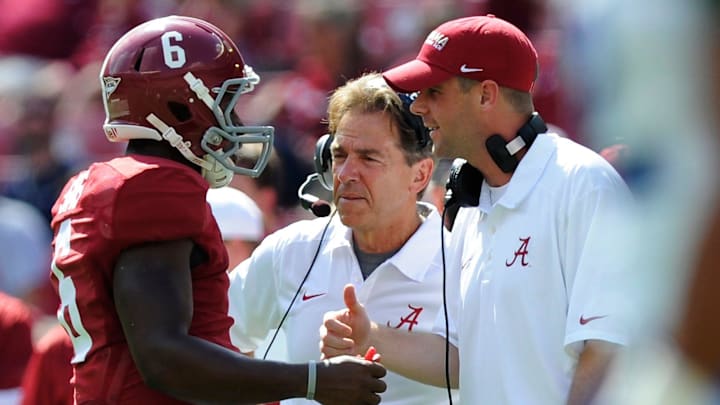 Alabama head coach Nick Saban and Alabama wide receivers coach Billy Napier talk with Alabama quarterback Blake Sims (6) in second half action at Bryant-Denny Stadium in Tuscaloosa, Ala. on Saturday October 5, 2013.(Mickey Welsh, Montgomery Advertiser)