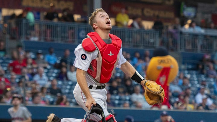 Worcester catcher Kyle Teel chases an infield fly ball against Lehigh Valley at Polar Park Tuesday.