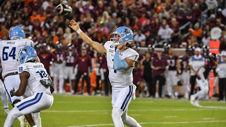 Sep 13, 2025; Blacksburg, Virginia, USA;  Old Dominion Monarchs quarterback Colton Joseph (1) throws a pass during the second quarter at Lane Stadium. Mandatory Credit: Brian Bishop-Imagn Images