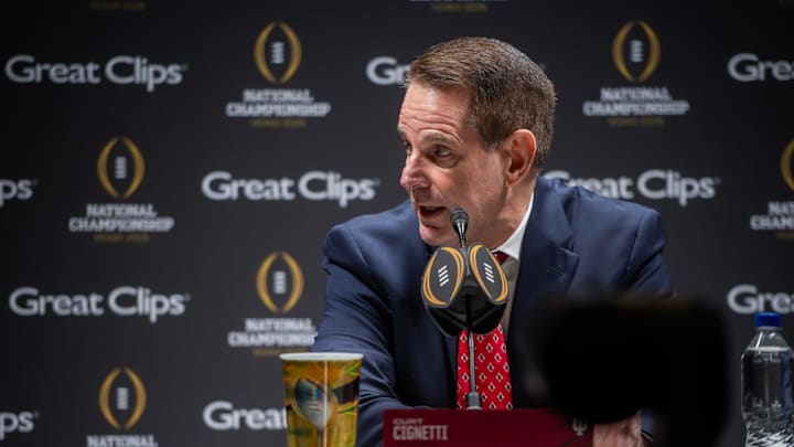 Indiana Head Coach Curt Cignetti answers questions at Media Day during the College Football Playoff on Saturday, Jan. 17, 2026.