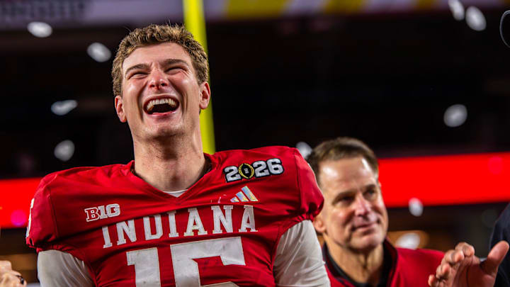 Indiana's Fernando Mendoza (15) smiles as he celebrates after the College Football Playoff National Championship.