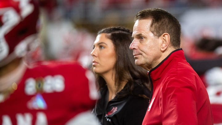 Indiana Head Coach Curt Cignetti watches his team get loose before the College Football Playoff National Championship college football game at Hard Rock Stadium in Miami Gardens on Monday, Jan. 19, 2026.