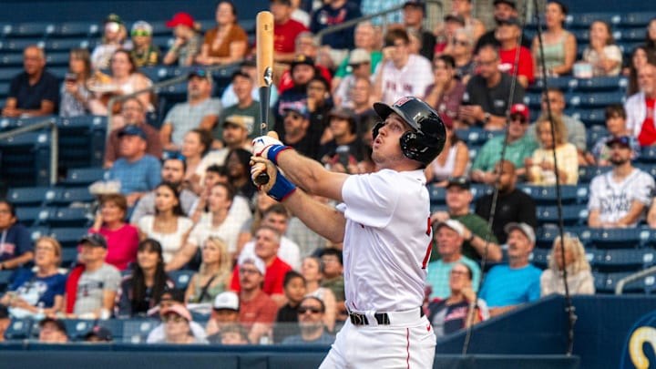 Worcester's Kyle Teel watches a foul ball during his first Triple A at-bat Tuesday at Polar Park against Lehigh Valley.