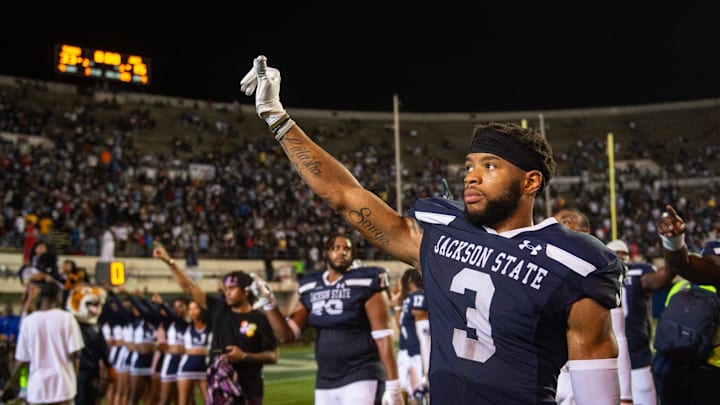 Jackson State Tigers' defensive back Robert McDaniel (3) stands for the alma mater after beating the Southern Jaguars in Jackson, Miss., on Saturday, Sept. 14, 2024.