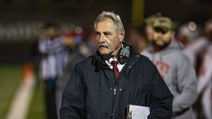 Belfry head coach Philip Haywood roamed the sidelines as his team took on DeSales in the Class 3A state semifinal game. Nov. 29, 2019