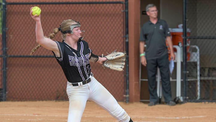 Gainesville's Leanna Bourdage (14) pitches during the 5A state softball championship game between Gainesville High School and Parrish Community High School at Legends Ballfields on Friday, May 24, 2024. [PAUL RYAN / CORRESPONDENT]