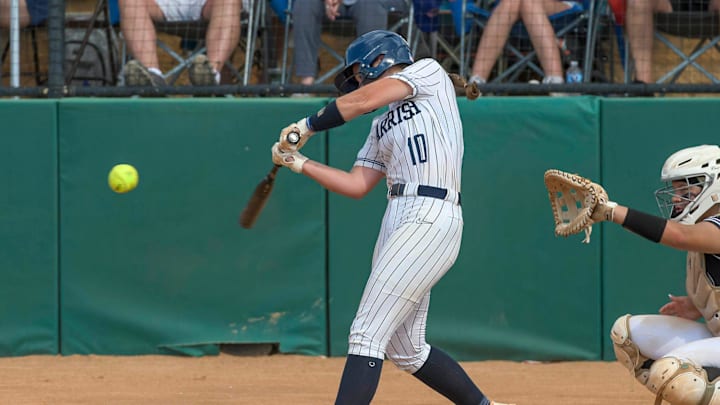 Parrish’s Hannah Lewis (10) hits the ball during the 5A state softball championship game between Gainesville High School and Parrish Community High School at Legends Way Ballfields in Clermont on Friday, May 24, 2024.