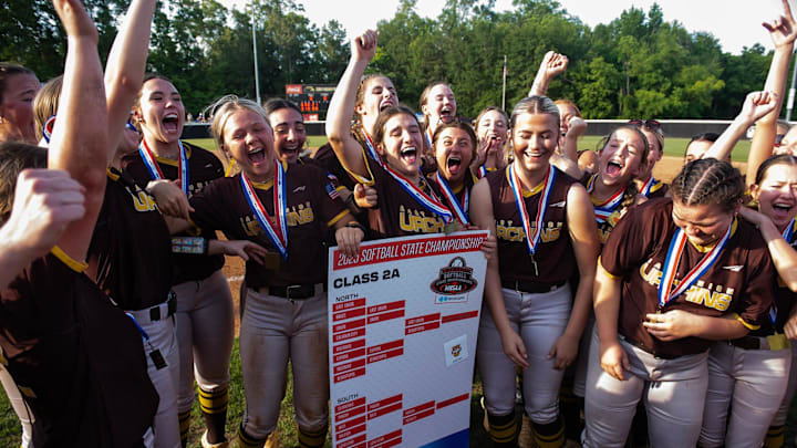 East Union Urchins' players celebrate winning the MHSAA 2A softball state championship game series against the Pisgah Dragons in Hattiesburg, Miss., on Friday, May 16, 2025.