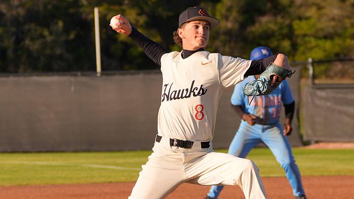 Spruce Creek’s Aidan Giedrys (8) pitches against West Orange, March 18, 2026, at Spruce Creek High School.