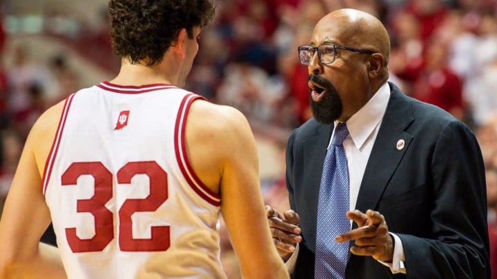 Indiana Head Coach Mike Woodson talks with Trey Galloway (32) during the second half of the Indiana versus Nebraska men's basketball game at Simon Skjodt Assembly Hall on Wednesday, Feb. 21, 2024. Indiana Head Coach Mike Woodson talks with Trey Galloway (32) during the second half of the Indiana versus Nebraska men's basketball game at Simon Skjodt Assembly Hall on Wednesday, Feb. 21, 2024.