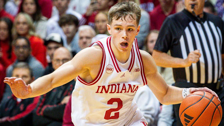 Indiana's Gabe Cupps (2) during the first half of the Indiana versus North Alabama men's basketball game at Simon Skjodt Assembly Hall on Thursday, December 21, 2023.