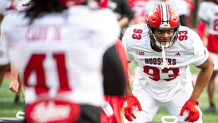 Indiana's Robby Harrison (93) during practice at Memorial Stadium on Tuesday, March 26, 2024.