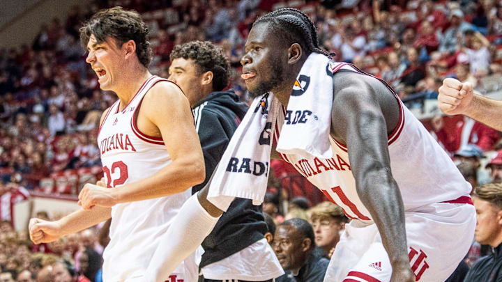 Indiana's Oumar Ballo (11) and Trey Galloway (32) celebrate a dunk during the the Indiana versus Marian men's basketball game Indiana's Oumar Ballo (11) and Trey Galloway (32) celebrate a dunk during the the Indiana versus Marian men's basketball game