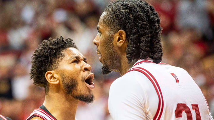 Indiana's Kanaan Carlyle (9) and Mackenzie Mgbako (21) celebrate against Southern Illinois-Edwardsville at Simon Skjodt Assembly.