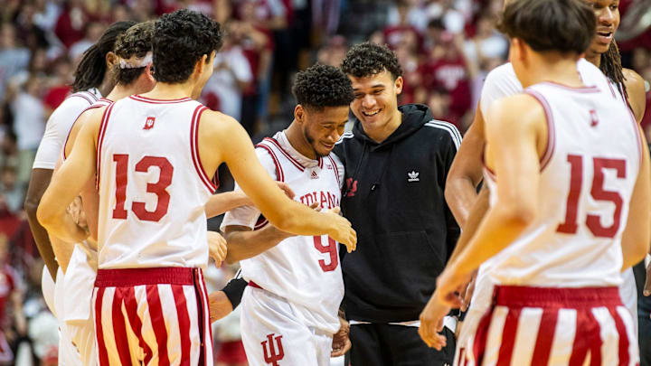 Indiana's Kanaan Carlyle (9) reacts as a pass went in for a three-pointer during the Indiana versus South Carolina men's basketball game at Simon Skjodt Assembly Hall on Saturday, Nov. 16, 2024.