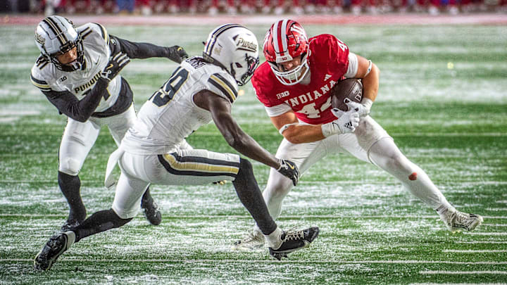 Indiana's Zach Horton (44) runs after the catch during the Indiana versus Purdue football game at Memorial Stadium on Saturday, Nov. 30, 2024.