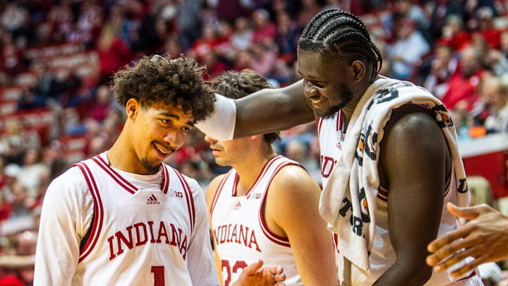 Indiana's Oumar Ballo (11) celebrates with Myles Rice (1) at the end of the game with Miami of Ohio on Dec. 6, 2024.