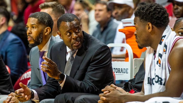 Indiana Assistant Coach Kenya Hunter talks with Xavier Johnson during the second half of the Indiana versus Marian men's basketball game at Simon Skjodt Assembly Hall on Saturday, Oct. 29, 2022.
