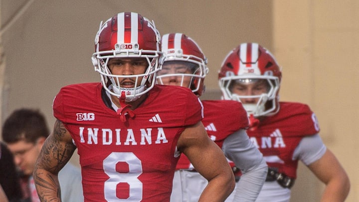 Indiana's Tyler Morris (8) during spring football practice at Memorial Stadium on Thursday, April 2, 2026. Indiana's Tyler Morris (8) during spring football practice at Memorial Stadium on Thursday, April 2, 2026.