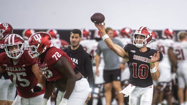 Indiana's Josh Hoover (10) during Indiana football spring practice on Thursday, April 16, 2026.