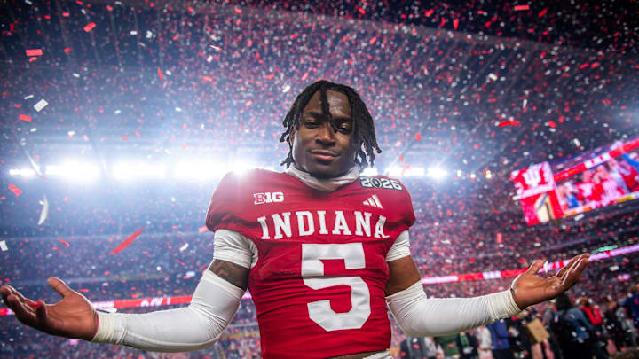 Indiana's D'Angelo Ponds (5) celebrates after the College Football Playoff National Championship college football game at Hard Rock Stadium in Miami Gardens on Monday, Jan. 19, 2026.