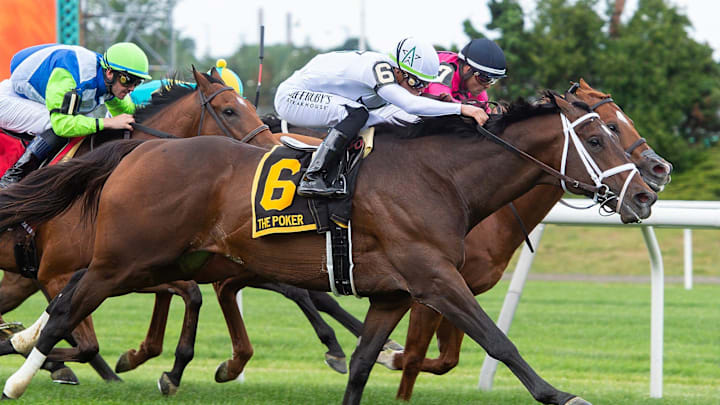 Belmont Park, N.Y. June 10, 2023. The $200,000 Poker Stakes, (GR 3), for four year-olds and up going one mile over the turf, Saturday, June 10 2023, was won by the Todd Pletcher-trained Emmanuel with Irad Ortiz, Jr. in the irons over Filo Di Arianna and Luis Saez.