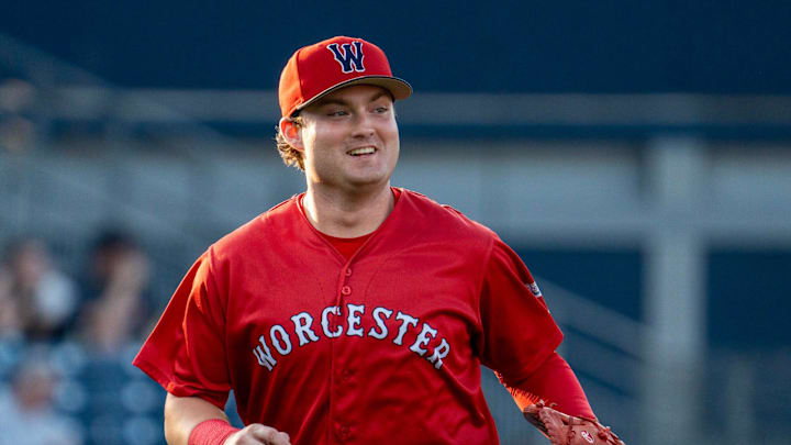 Worcester third baseman Blaze Jordan runs off the field at Polar Park July 29.