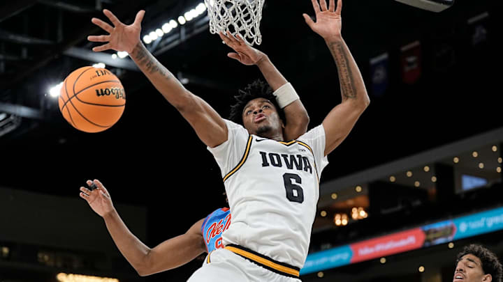 Iowa forward Tavion Banks (6) tries to rebound during the 74-69 win over Ole Miss at Acrisure Arena in Palm Desert, Calif., on Nov. 25, 2025. Iowa forward Tavion Banks (6) tries to rebound during the 74-69 win over Ole Miss at Acrisure Arena in Palm Desert, Calif., on Nov. 25, 2025.