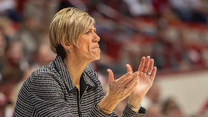 Iowa Head Coach Jan Jensen during the Indiana versus Iowa womens basketball game at Simon Skjodt Assembly Hall on Sunday, Jan. 11, 2026.
