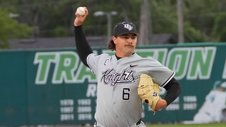 UCF’s Kevin Schoneboom (6) pitches against Stetson, Tuesday, March 24, 2026, at Melching Field in DeLand. UCF’s Kevin Schoneboom (6) pitches against Stetson, Tuesday, March 24, 2026, at Melching Field in DeLand.