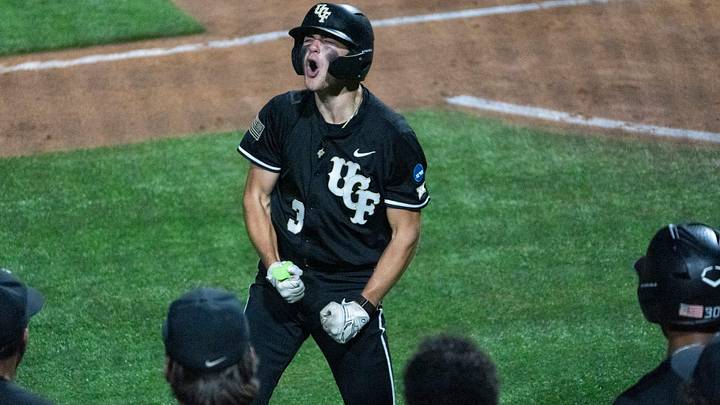 UCF Knights' Jordan Lodise (3) celebrates his home run as NC State Wolfpack take on UCF Knights during the NCAA Regional Baseball tournament at Plainsman Park in Auburn, Ala. on Friday, May 29, 2026. UCF Knights' Jordan Lodise (3) celebrates his home run as NC State Wolfpack take on UCF Knights during the NCAA Regional Baseball tournament at Plainsman Park in Auburn, Ala. on Friday, May 29, 2026.