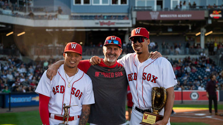 Pitching coach Paul Abbott with MVP Yairo Munoz and most valuable pitcher Raynel Espinal ahead of the final WooSox home game of the season on Sunday, September 26, 2021.