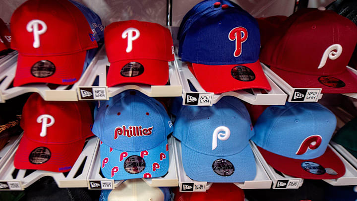 Variety of Philadelphia Phillies baseball caps for sale at the Rally House in Fairless Hills, on Monday, Oct. 24, 2022.