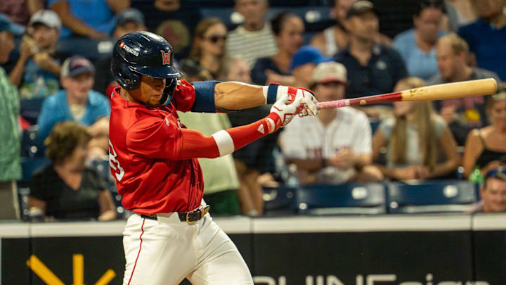 Worcester’s Kristian Campbell hits a two-run home run in the fifth inning against Lehigh Valley July 29 at Polar Park.